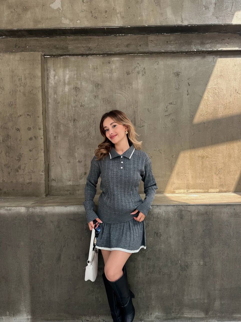 Ribbed Knit Polo Sweater & Skirt Set - Image 7