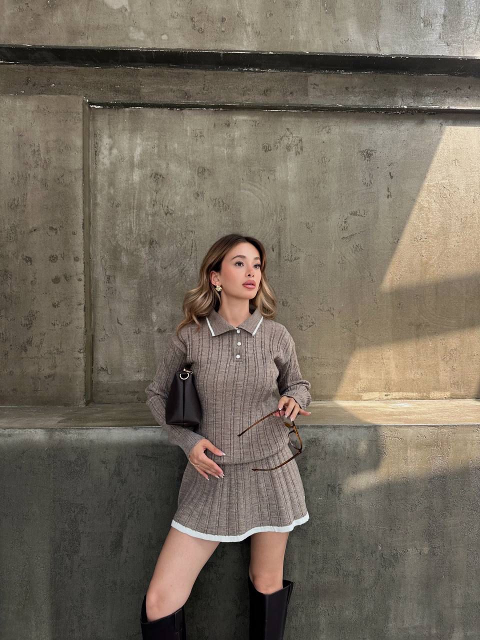 Ribbed Knit Polo Sweater & Skirt Set - Image 2