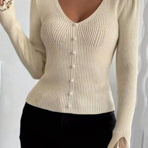 Lace Cuff Ribbed Button-Up Knit Top
