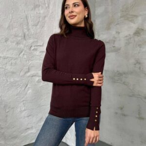 Elegant Button-Cuff Turtleneck Sweater