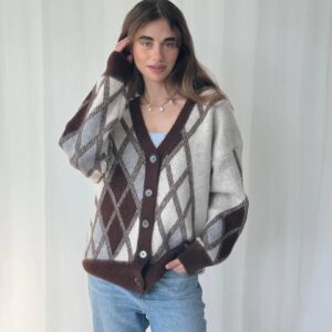 Oversized Argyle Knit Cardigan